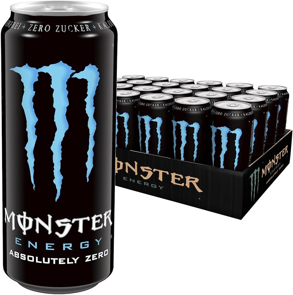 Monster Energy Absolutely Zero Energy Drink with Classic Monster Flavour but Zero Sugar & Zero Calories, Energy Drink Palette, Disposable Tin (24 x 500 ml)