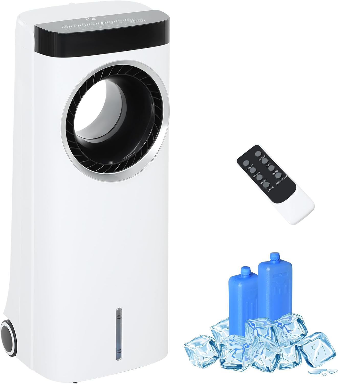 HOMCOM Evaporative Air Cooler, 6.5L 4-in-1 Bladeless Portable Cooler, Fan, Humidifier, Air Clean Anion with Oscillation, 6 Speeds, 24H Timer, Sleep Mode, 2 Ice Packs, Wheels, Remote, for Home Office