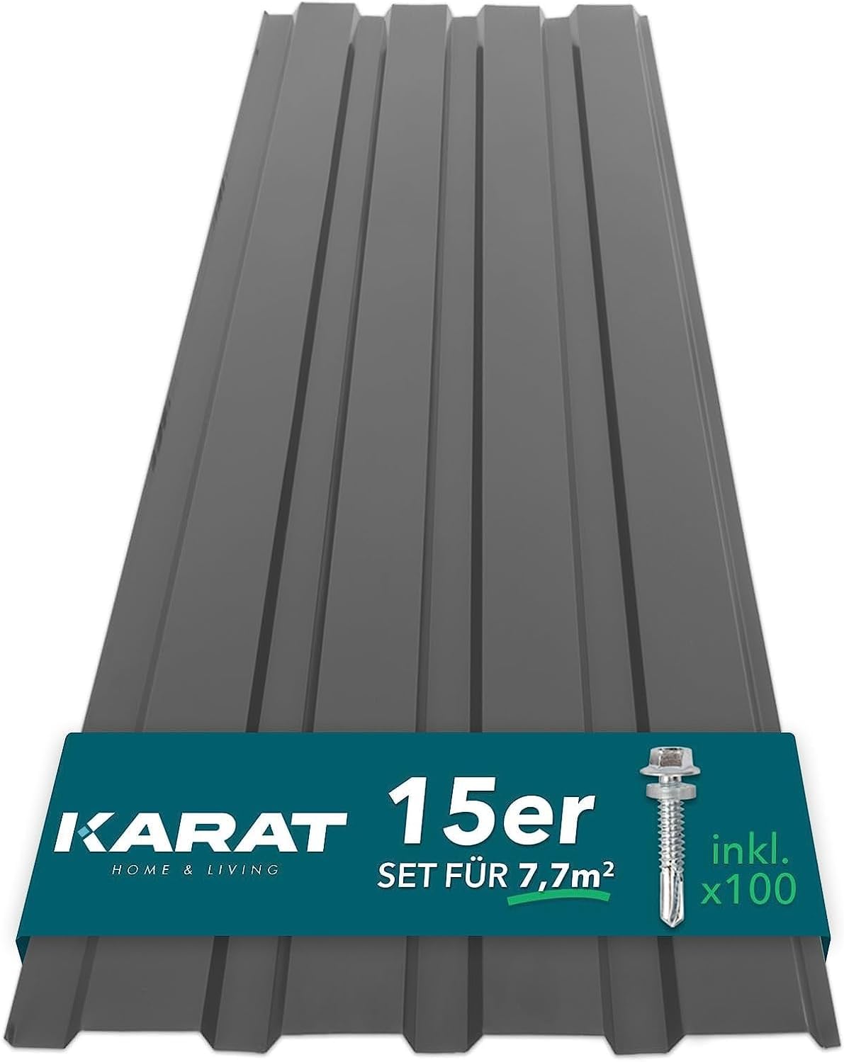 KARAT Metal Roofing Sheets 115 x 45 cm (Pack of 15) 7.7 m² Corrugated Roof Sheeting Plates Cladding for Garage, Shed, Carport and Greenhouse, Galvanised Coated, Grey (incl. 30x Screws)
