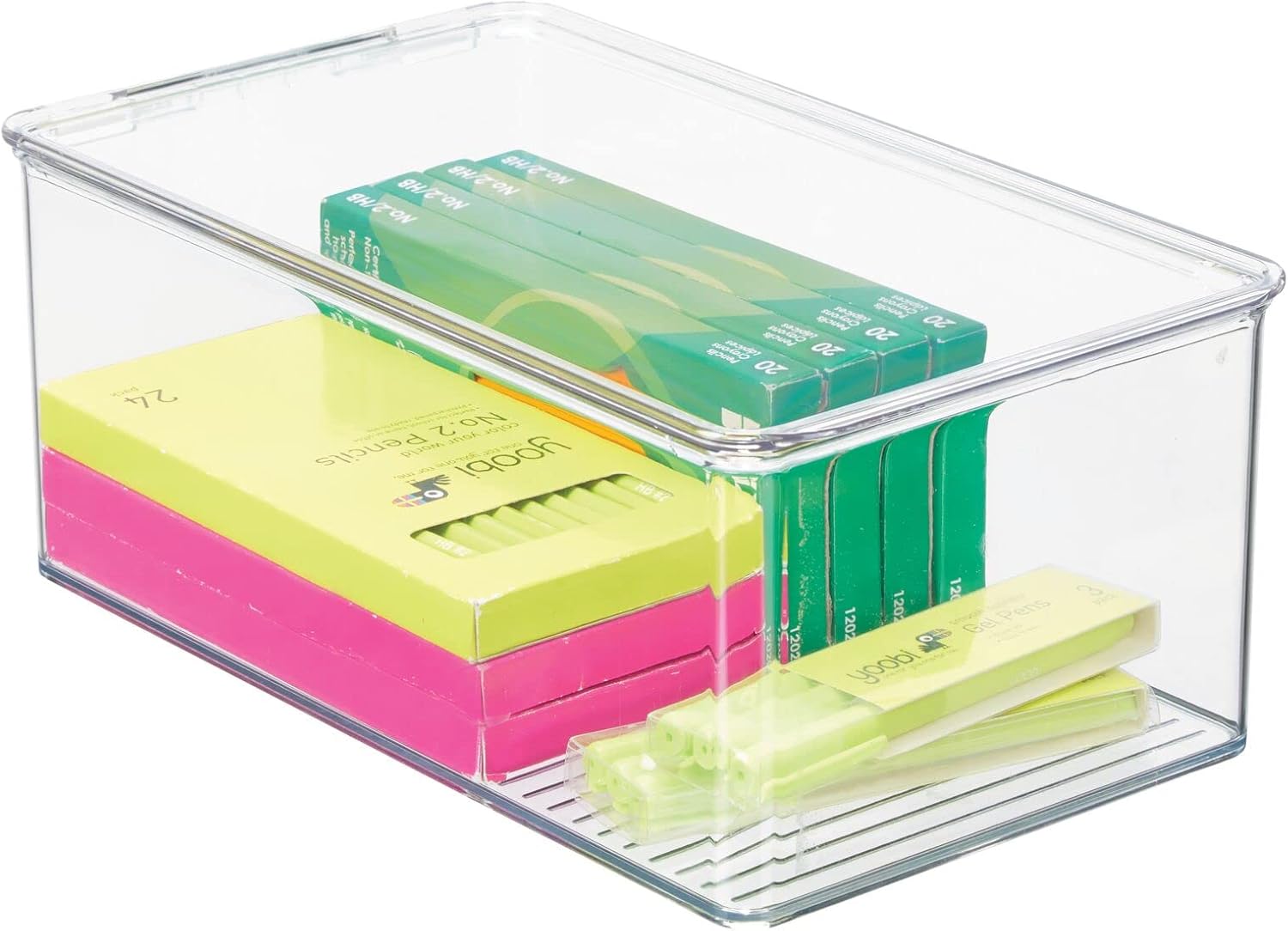 mDesign Plastic Stackable Home Office Storage Organizer Box with Hinge Lid - Holder Container Bin for Note Pads, Gel Pens, Staples, Dry Erase Markers, Tape, Supplies - Lumiere Collection - Clear