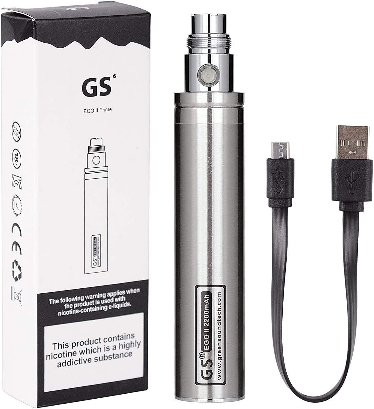 KukooYbh Electronic Cigarette, GS EGO II 2200mAh E-Cigarette, Rechargeable Built-in Battery, Bottom Micro USB Charge 510 Nicotine Free(Silver)