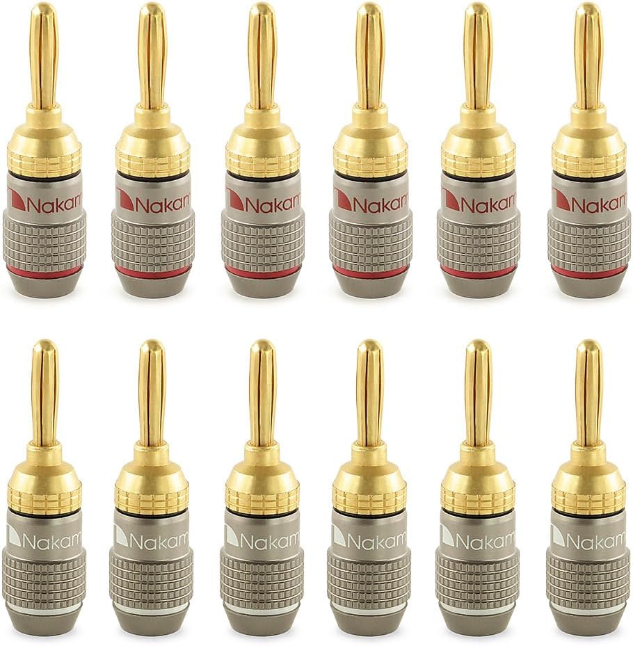 Nakamichi FanLock Excel Series 24k Gold Plated Banana Plug 10 AWG - 18 AWG Gauge Size 4mm for Speakers Amplifier Hi-Fi Stereo Home Theatre Radio Audio Wire Cable Quick Connector, 12 Pcs (6-Pairs)