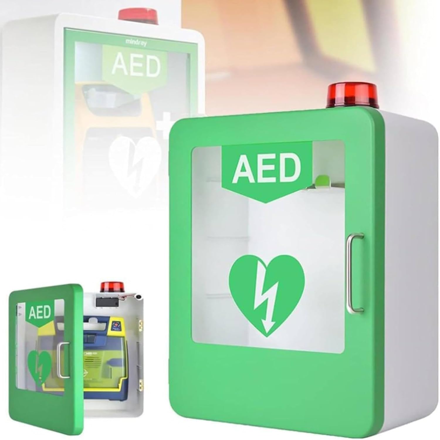 AED Cabinet Compact AED Surface Mount Cabinet AED Defibrillator storage cabinet Wall Mounted with Alarm System for Emergency At Home,Office and Public Place,Green