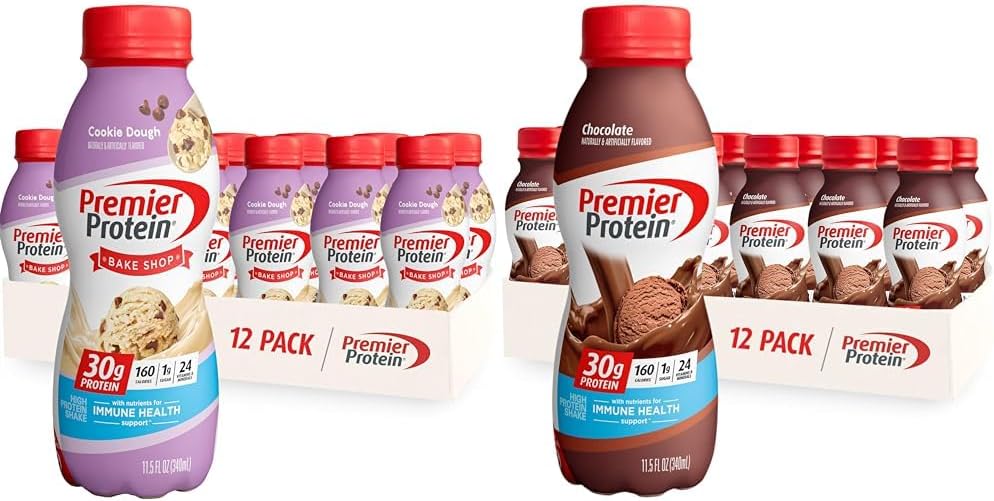 Premier Protein Shake Cookie Dough & Chocolate, 30g Protein, 11.5 Fl Oz (12 Pack), 1g Sugar