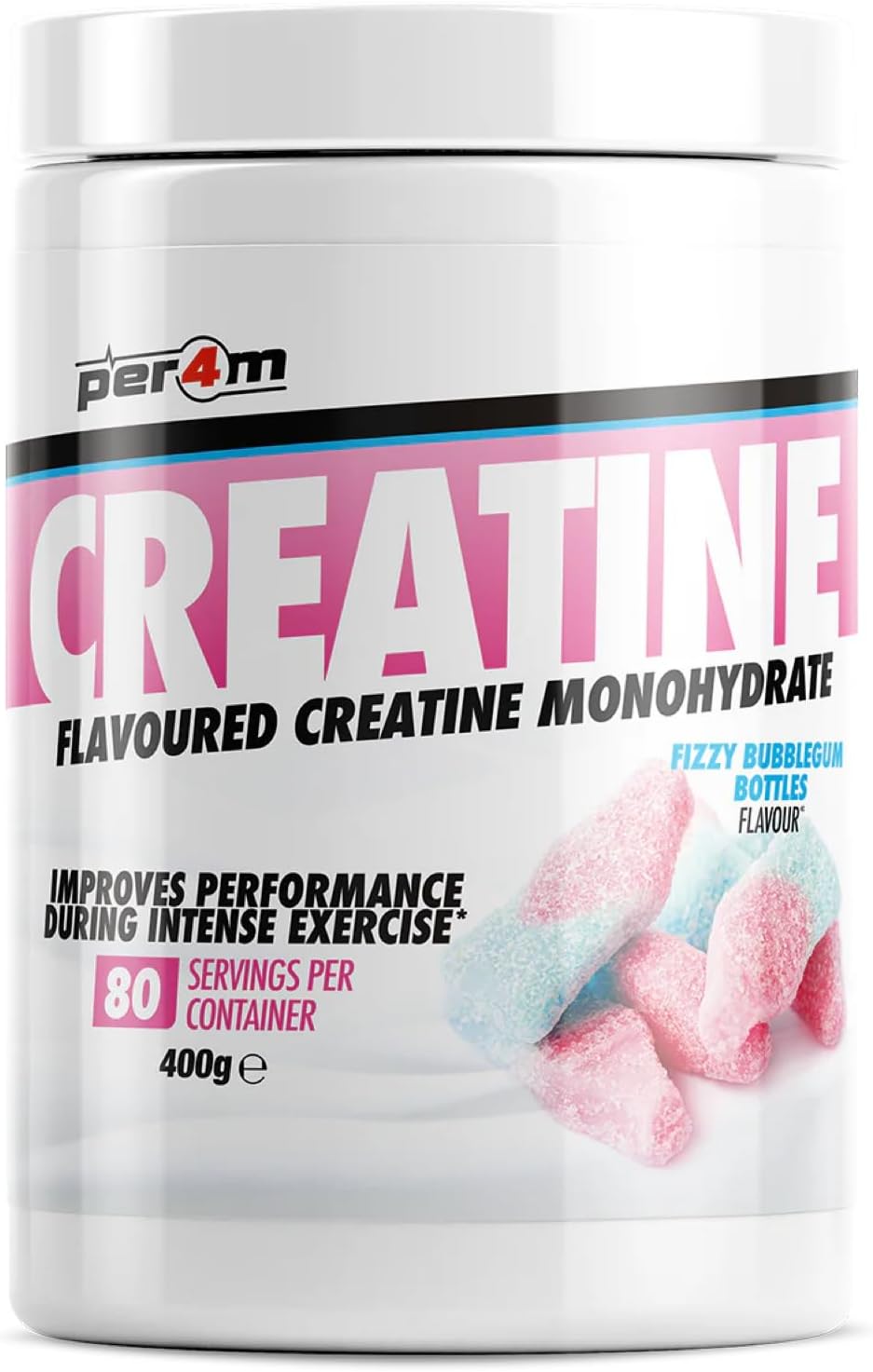 Per4m Creatine Powder | 80 Servings of Micronised Creatine Monohydrate | Performance & Strength | 8 Flavours (400g, Fizzy Bubblegum Bottles)