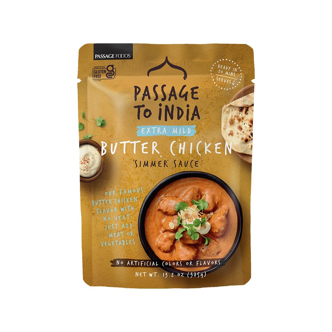 Passage to India Extra Mild Butter Chicken Sauce, Shelf-Stable Indian Simmer Sauce, Gluten-Free, Non-GMO, Ready in 20 Min, 13.2 oz (Pack of 6)
