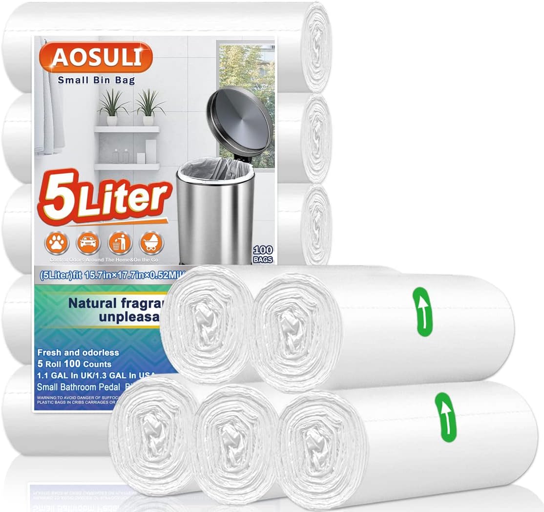 5Liter Bin Liners 100 Counts Small Bin Bags AOSULI 3-5L White Clear Trash/Garbage Bags for Office, Bathroom Pedal Bin,Bedroom Waste Bin,kitchen Food Waste andToilet Wastebasket