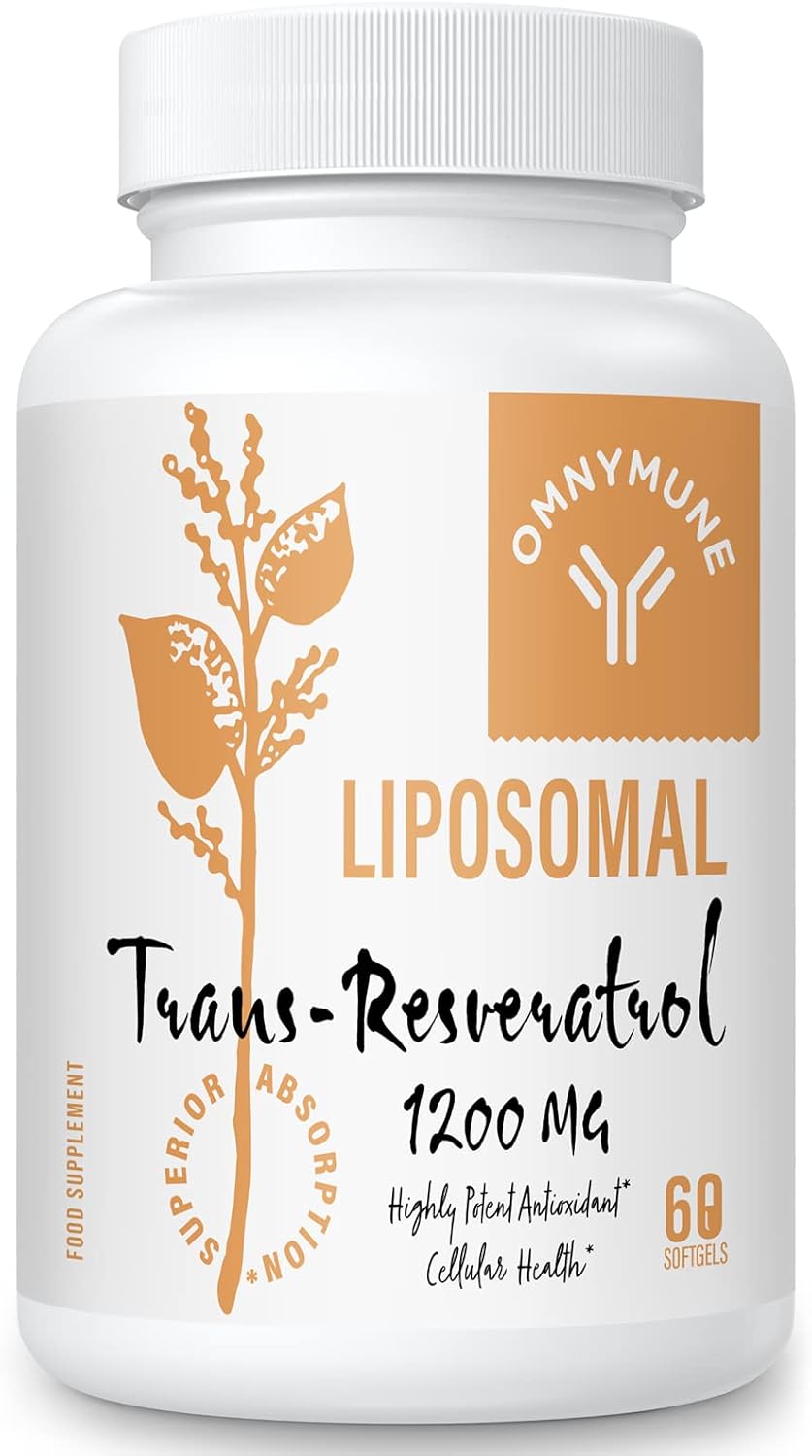 Liposomal Trans-Resveratrol 1200mg per Serving – High Absorption, 98% Purity from Japanese Knotweed – Antioxidant, Longevity & Immunity – 60 Softgels