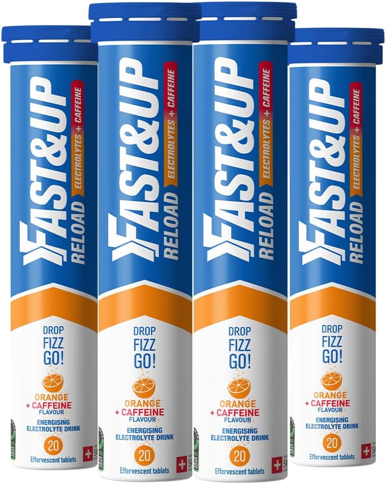Fast&Up Reload – Orange + Caffeine Flavour – 80 Effervescent Tablets – Instant Electrolytes for Rapid Hydration & Energy - Added Vitamin C & B12 for Performance, Wellbeing, Travel & Recovery – Vegan