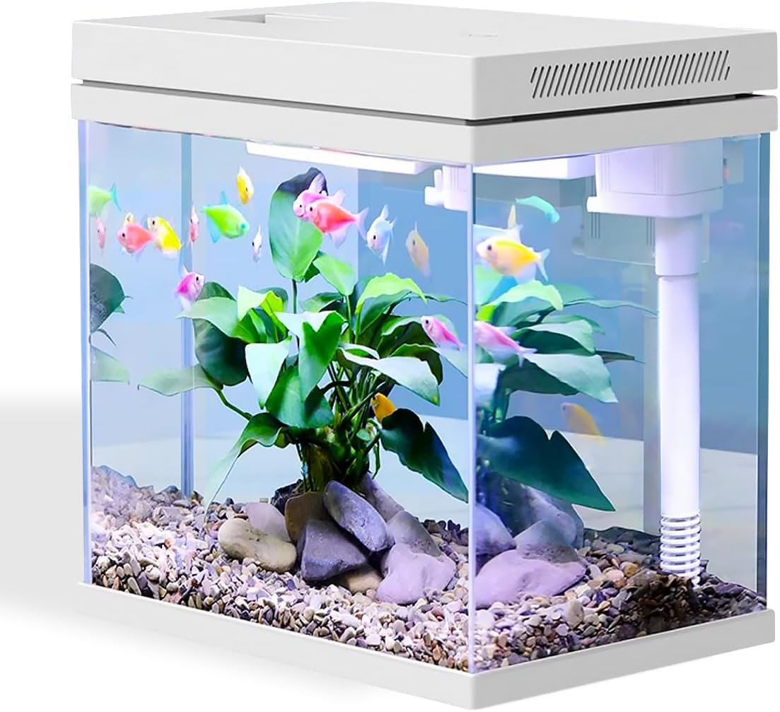 Craftsboys 10L Fish Tank, Nano Glass Aquarium, Upgrade Filter system and LED Light, for Freshwater & Marine, Filter Balls Included (White, 10L)