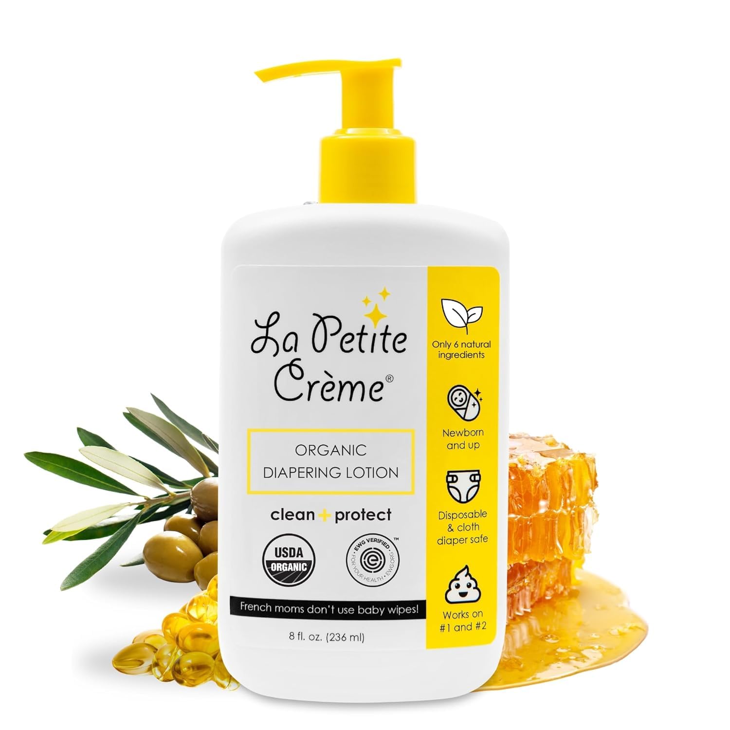 La Petite Creme French Premium Liniment Baby Lotion - Diaper Cream Alternative to Wet Wipes - Gentle Moisturizer & Skin Cleanser, USDA Certified Organic Ingredients - Newborn Essentials (8 oz)