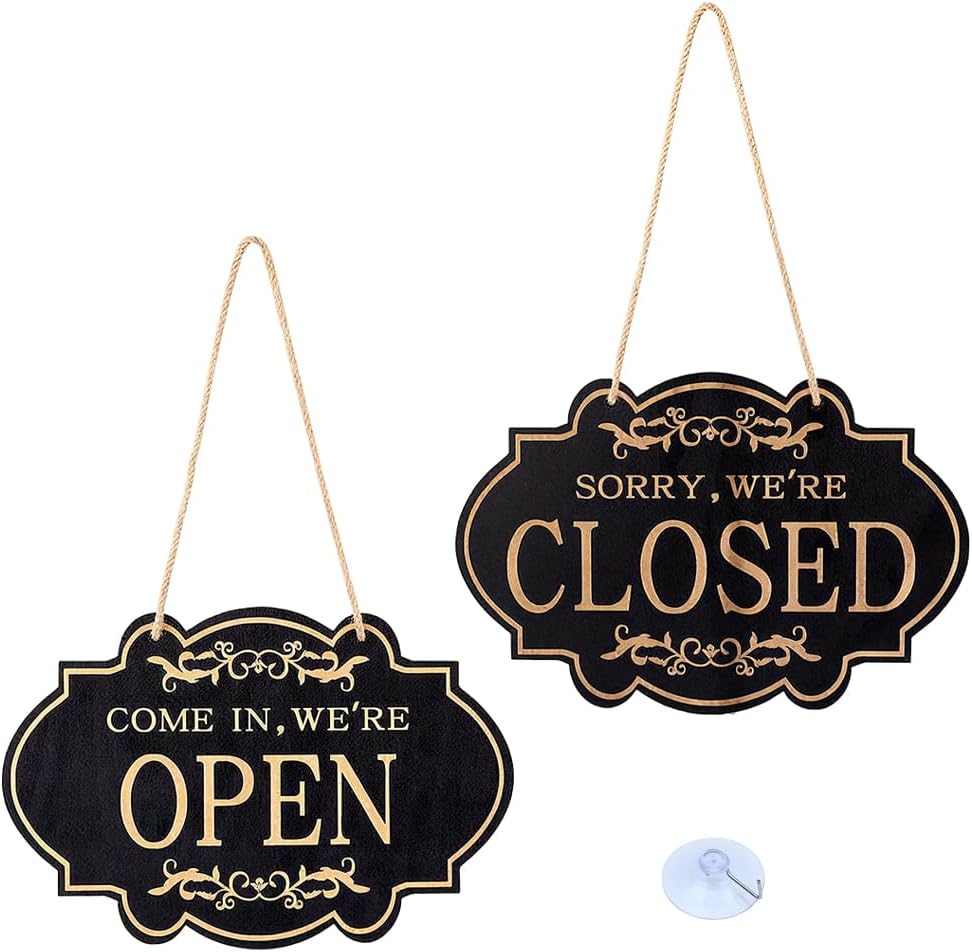 Open Closed Sign, 11.8 x 7.8 Inch Store Hanging Sign, Open Closed Signs for Business Double Side for Window Shop Wooden with Rope for Hanging for Business Door(Chocolate Brown)