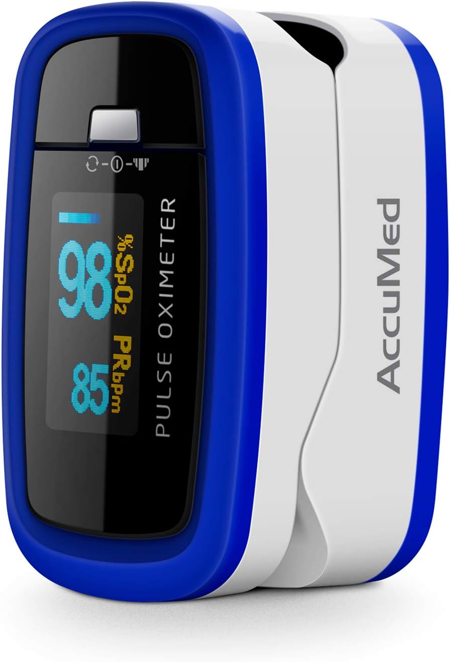 AccuMed CMS-50D1 Fingertip Pulse Oximeter Blood Oxygen Sensor SpO2 for Sports and Aviation. Portable and Lightweight with LED Display, 2 AAA Batteries, Lanyard and Travel Case (Blue)