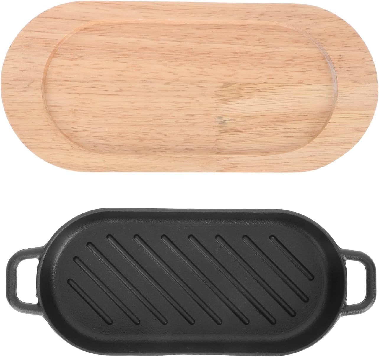 Cabilock 1 Set Steak Plate Cast Iron Pan Set Grill Pan Sizzler Plate Set, with Wooden Trivets Fajita Serving Plate, Sizzling Steak Platter for BBQ Seafood Fried Dish