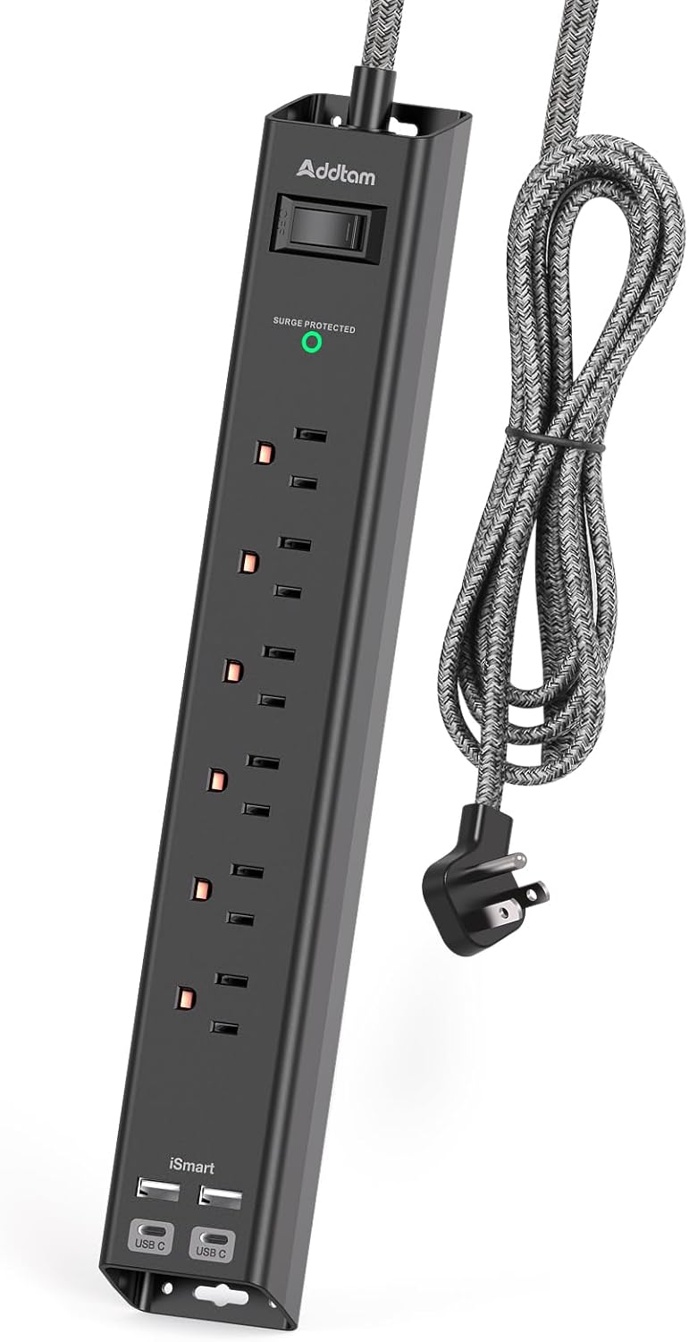 Surge Protector Power Strip - Extension Cord with 6 AC Outlets 4 USB (2 USB-C Ports), Flat Plug with Overload Surge Protection, Wall Mount, 5ft, Outlet Extender for Home Office Dorm Room Essentials