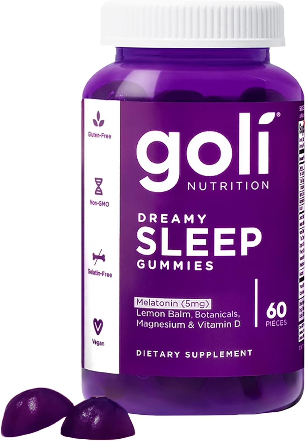 Goli Dreamy Sleep Gummy - 60 Count - Melatonin, Vitamin D, Magnesium, and Lemon Balm Extract - Gelatin-Free, Gluten-Free, Vegan & Non-GMO