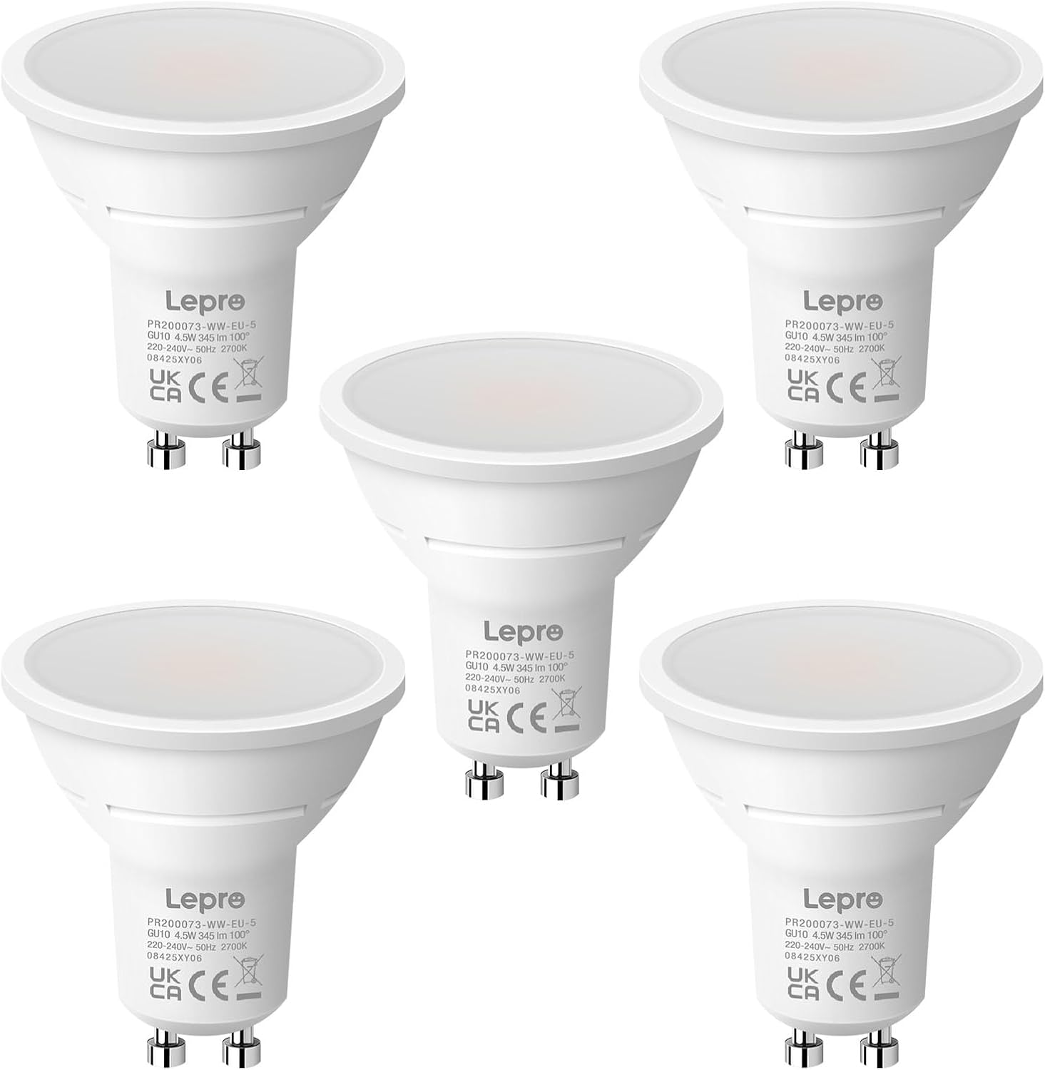 Lepro GU10 LED Bulbs Warm White, 4.5W 345lm 2700K, Energy Saving GU10 LED Light Bulbs, 50W Halogen Spotlight Equivalent, 100° Beam Angle, Non Dimmable, Pack of 5