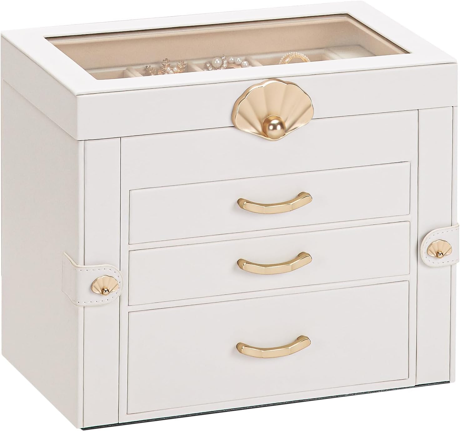 Jewelry Box with 3 Drawers: Display Organizer for Earrings Necklaces - Gift for Girls Women (White)
