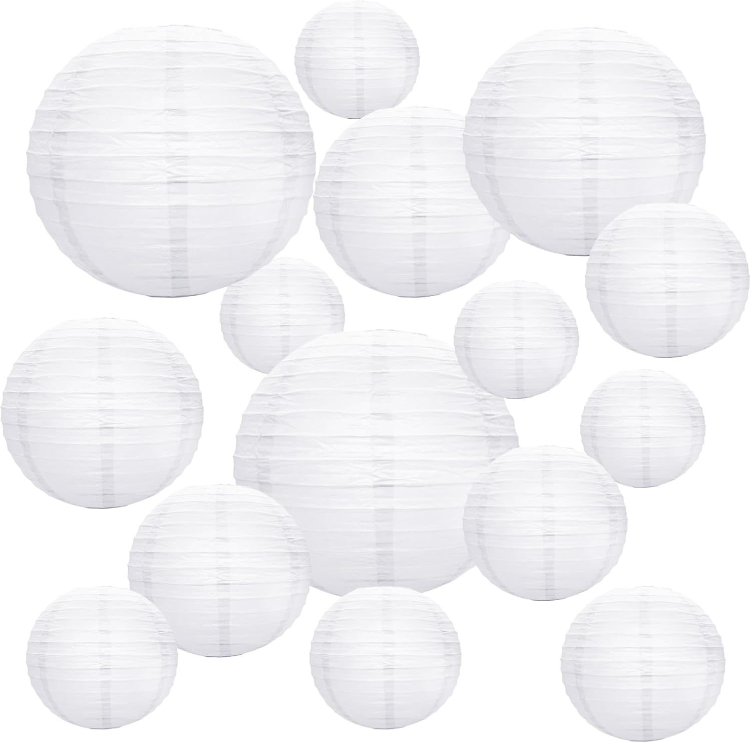 16 PCS White Round Paper Lanterns, Chinese Round Lanterns Hanging Decorations Different Sized Lampshades Size 4" 6" 8"10"12" Paper Lanterns for Weddings Party Garden Birthday Family Gathering Patios