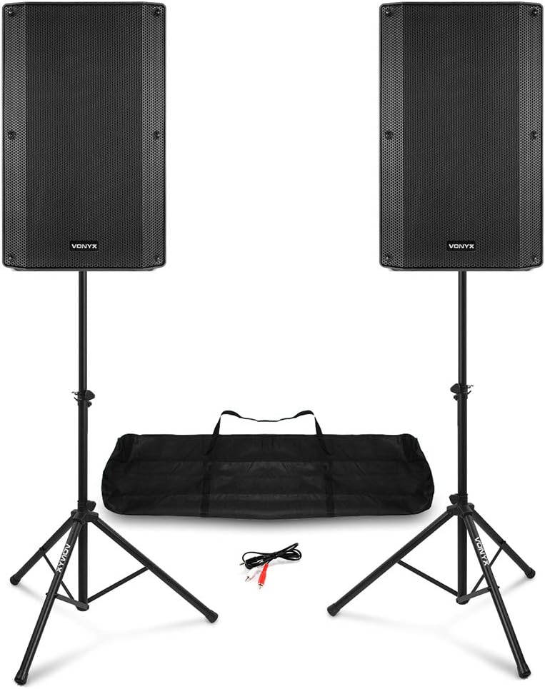 Vonyx VSA150S 15" Bluetooth Active PA Speaker System 1000W with Speaker Stands, Wireless Audio Streaming & 3.5mm RCA Cable - DJ Events & Live Stage Sound Kit