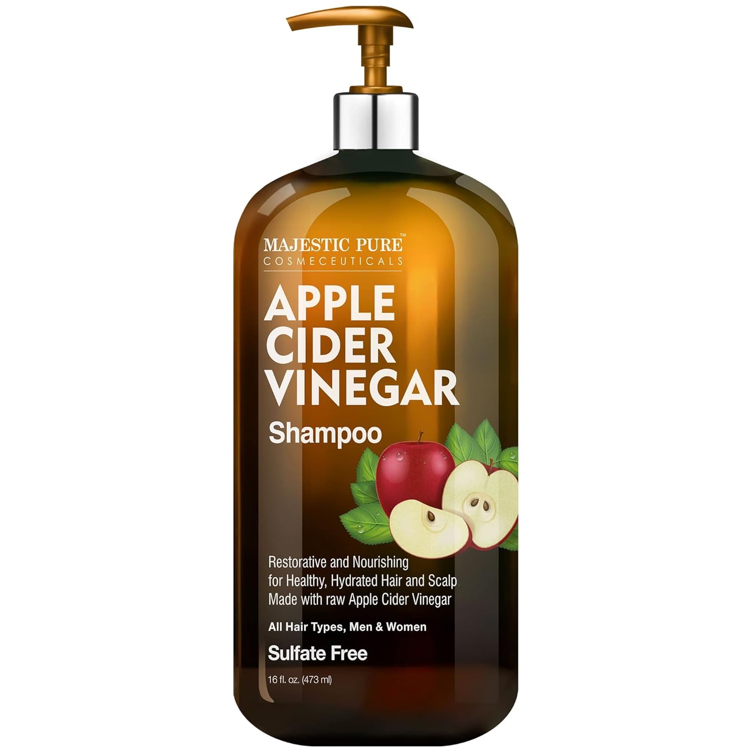 Majestic Pure Apple Cider Vinegar Shampoo - Restores Shine & Reduces Itchy Scalp, Dandruff & Frizz - Sulfate Free, for All Hair Types, Men and Women - 16 fl oz