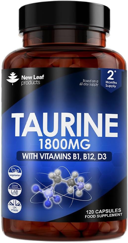 Taurine Supplement - High Strength 1800mg Taurine Capsules Enriched with Vitamins B1, B12 & Vitamin D3-120 Taurine Amino Acids Capsules - Vegetarian Taurine Capsules Made in The UK by New Leaf
