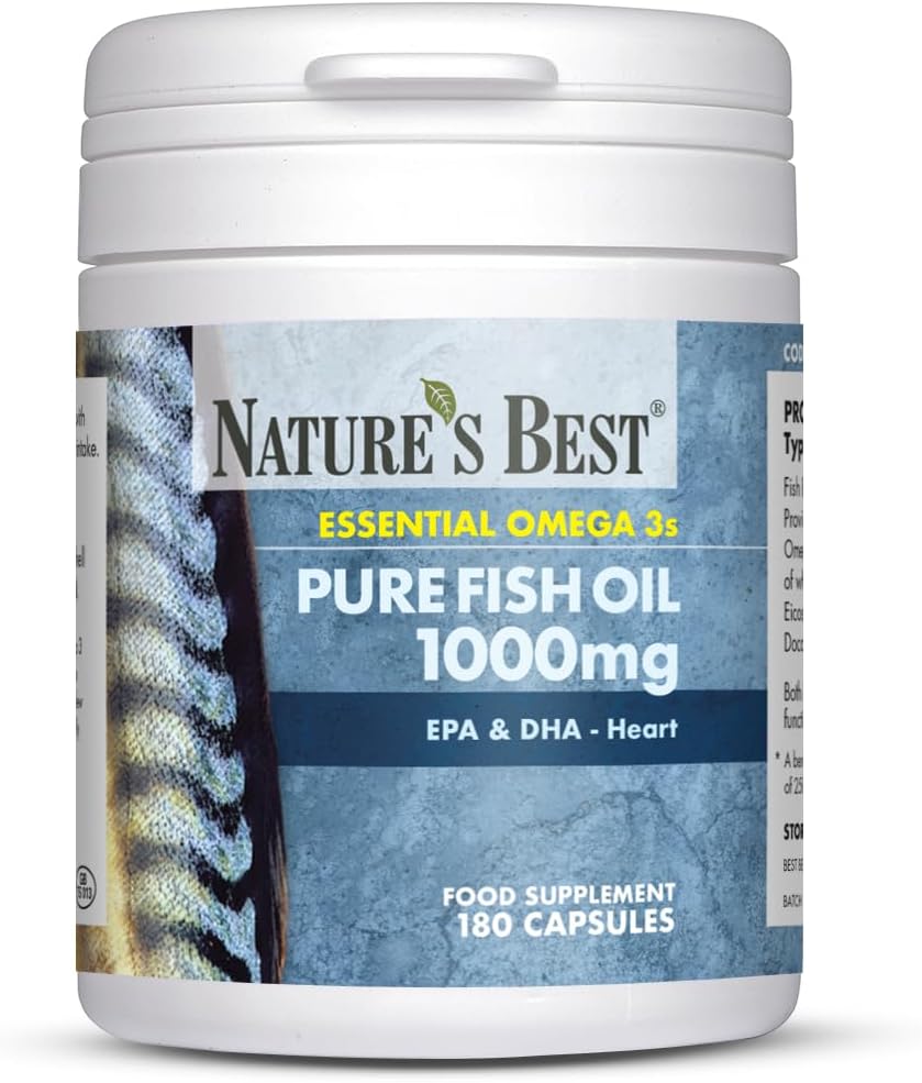 Nature's Best Pure Fish Oil Capsules High Strength (1000mg) - Essential Omega 3 Fish Oil with EPA 360mg and DHA 240mg - UK Made - 180 Capsules (Up to 6 Months' Supply)