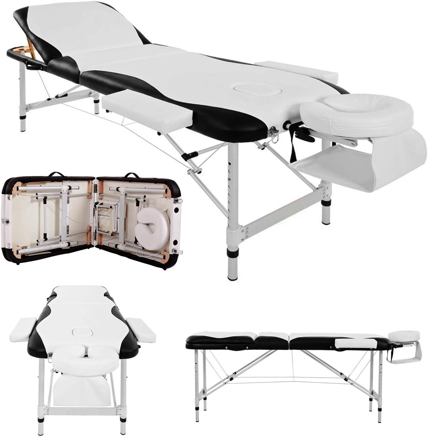 Massage Table Couch Bed Aluminium Deluxe Lightweight Professional Beauty Tattoo Spa Reiki Portable Folded 3 Section with Premium PU Leather Foam Carrying Bag White（213cm/15kg/Load Capacity 250 kg）