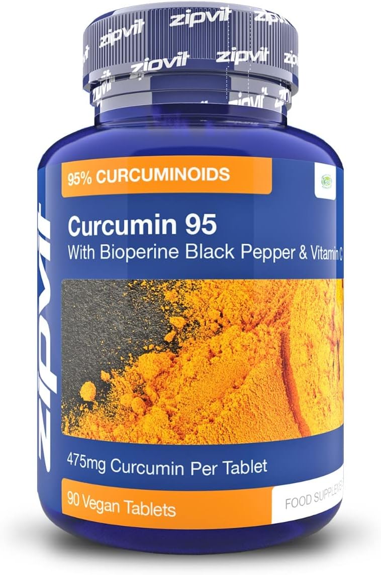 Zipvit Curcumin 95 with Bioperine, Turmeric Curcumin Supplement with 95% Active Curcumin. 90 Vegan Tablets, 3 Months Supply. Vegetarian Society Approved Curcumin Supplement.