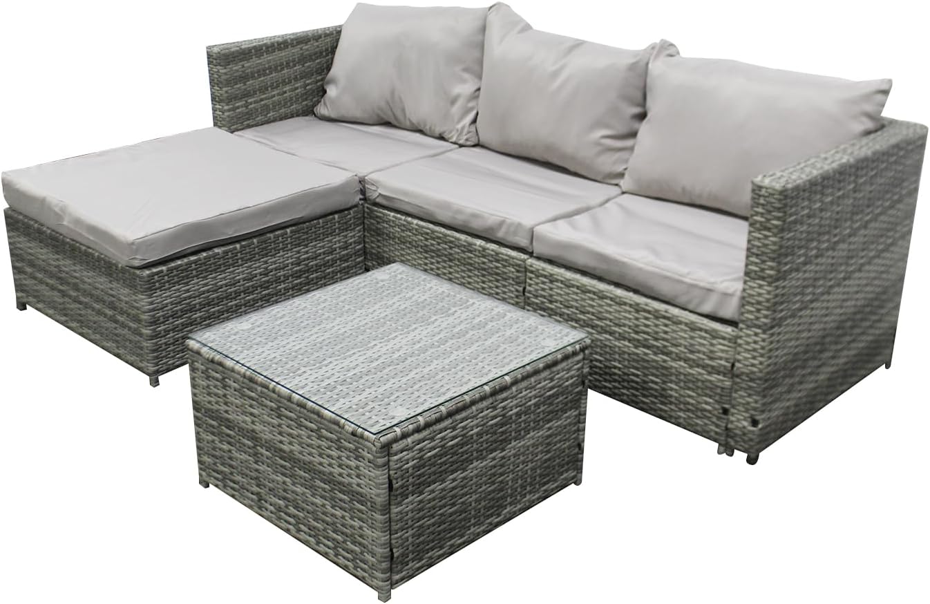 COZYBRITE Garden Corner Sofa Rattan Furniture Set 4 Seater Patio Outdoor Lounge Settee with Glass Coffee Table & Cover All-weather SFS066 (Mix Grey Rattan+Grey Cushion)