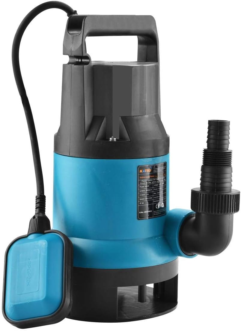 KATSU 400W Portable Submersible Pump for Clean and Dirty Water for Garden Pond, Pools, and Ditches + Float Switch
