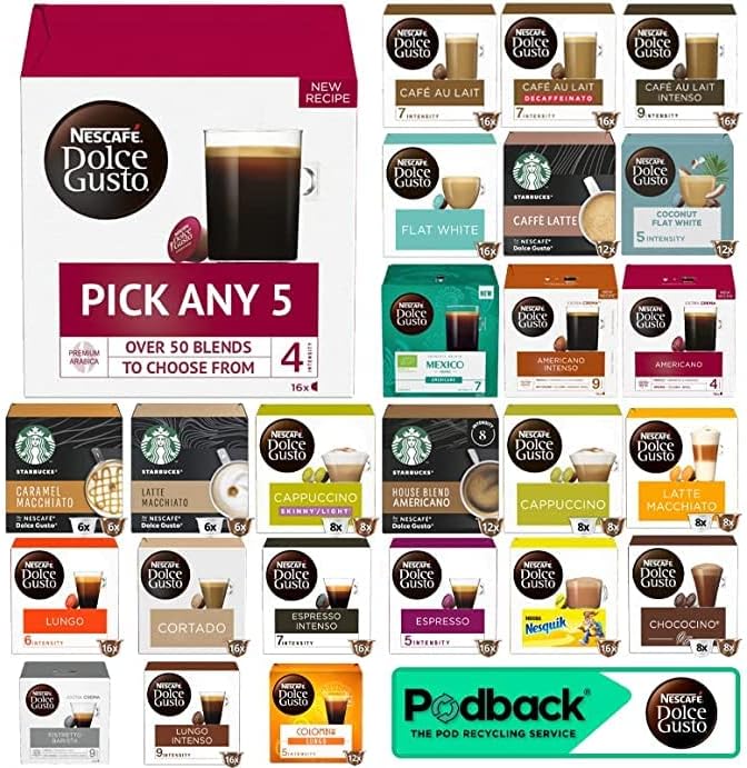 Nescafe Dolce Gusto Coffee, Tea, Chocolate Pods. Pick Any 5 Packs from 40+ Blends Inc: Decaf, Caramel, Cappuccino, Latte, Mocha, Espresso, Skinny, Cafe Au Lait, Vanilla