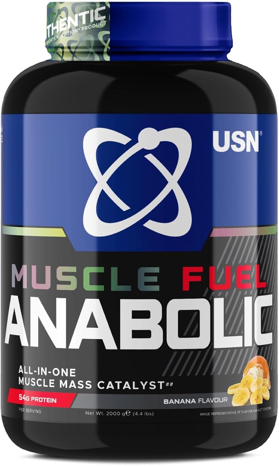 USN Muscle Fuel Anabolic All-In-One Muscle Mass Gainer, Banana Flavour - 2kg, 54g Protein Powder, 5g Creatine Powder & 5g BCAA Powder For Maximum Muscle Growth, Post Workout Recovery Drink Mix