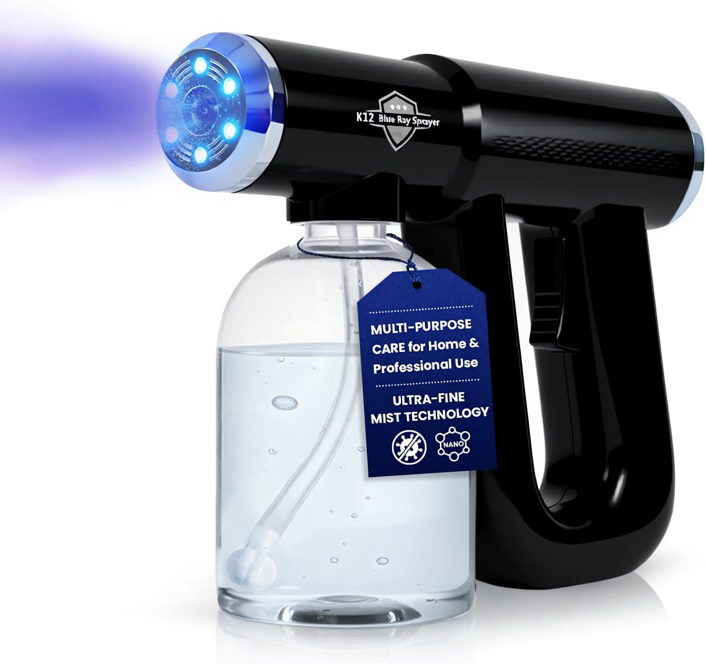 Professional Barber Disinfectant Spray Gun, Ultra Fine Mist Sprayer, Black | Continuous Spray Bottle with Blue Light, Easy to Use Lightweight and Rechargeable Sanitizer Gun, Multipurpose Fogger Machine