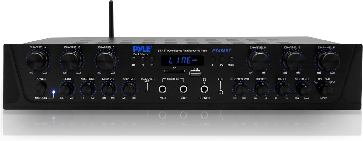 Pyle 600W 6-Channel Bluetooth Stereo Amplifier - Audio Receiver with Digital LCD - Microphone Input - USB - SD - AUX - RCA - FM Radio - Headphone Jack - Multi-Zone Control - PTA66BT