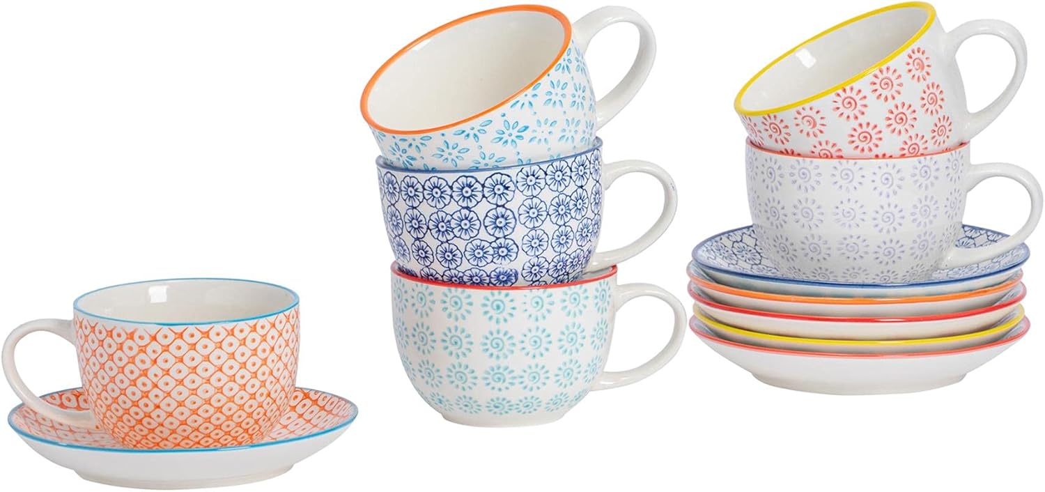 Nicola Spring Patterned Porcelain Cappuccino Cups and Saucers - 6 Individual Designs - 250ml - Set of 6