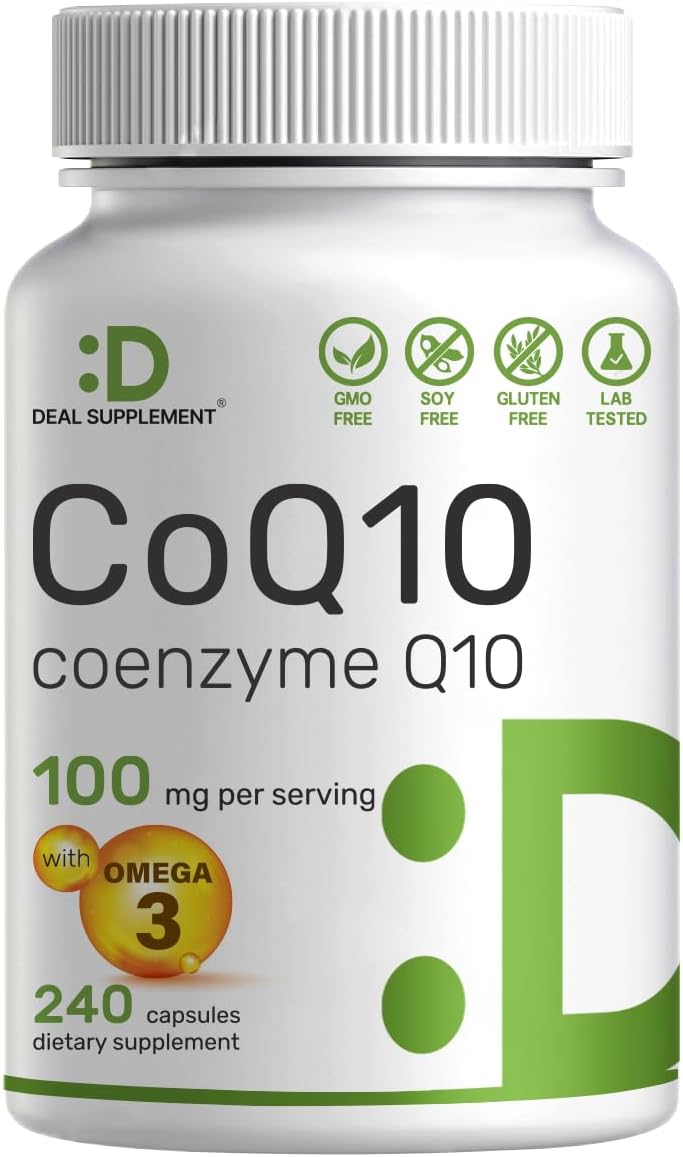 DEAL SUPPLEMENT CoQ10 100mg with Omega 3 100mg, 240 Capsules | Bioavailable Coenzyme Q10 Formula | Non-GMO