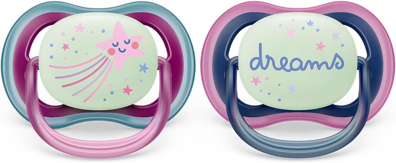 Philips Avent Ultra air Soother - 2 x Light, Breathable Glow-in-The-Dark Baby Soothers for Babies Aged 6-18 Months, BPA-Free with Steriliser Carry Case (Model SCF376/14)