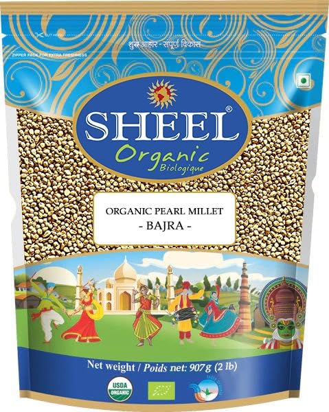 Sheel Organic Pearl Millet/Bajra/Raw (Pennisetum Glaucum) Whole Ancient Grain Seeds - 2 lbs, 32oz (907g) ~ USDA Organic | All Natural | Gluten Friendly | NON-GMO | Vegan | Indian Origin
