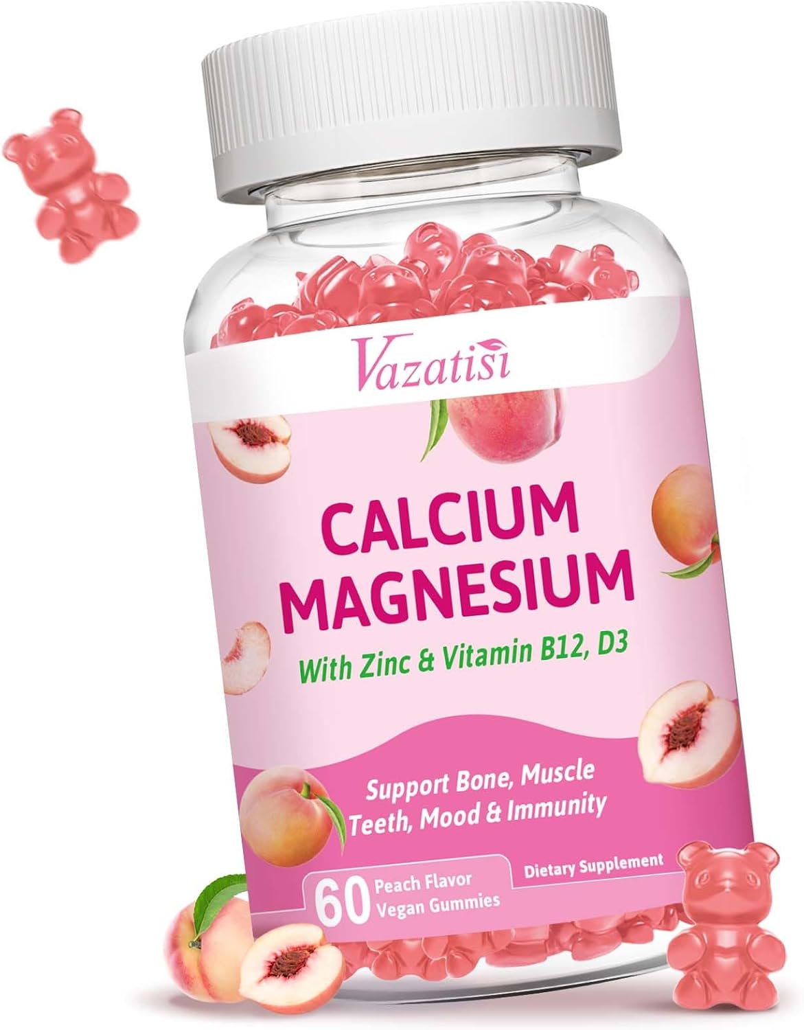 Calcium Magnesium Zinc Gummies with Vitamin D3 B12, Calcium Supplements for Women Men, Peach Flavor 60 Cts