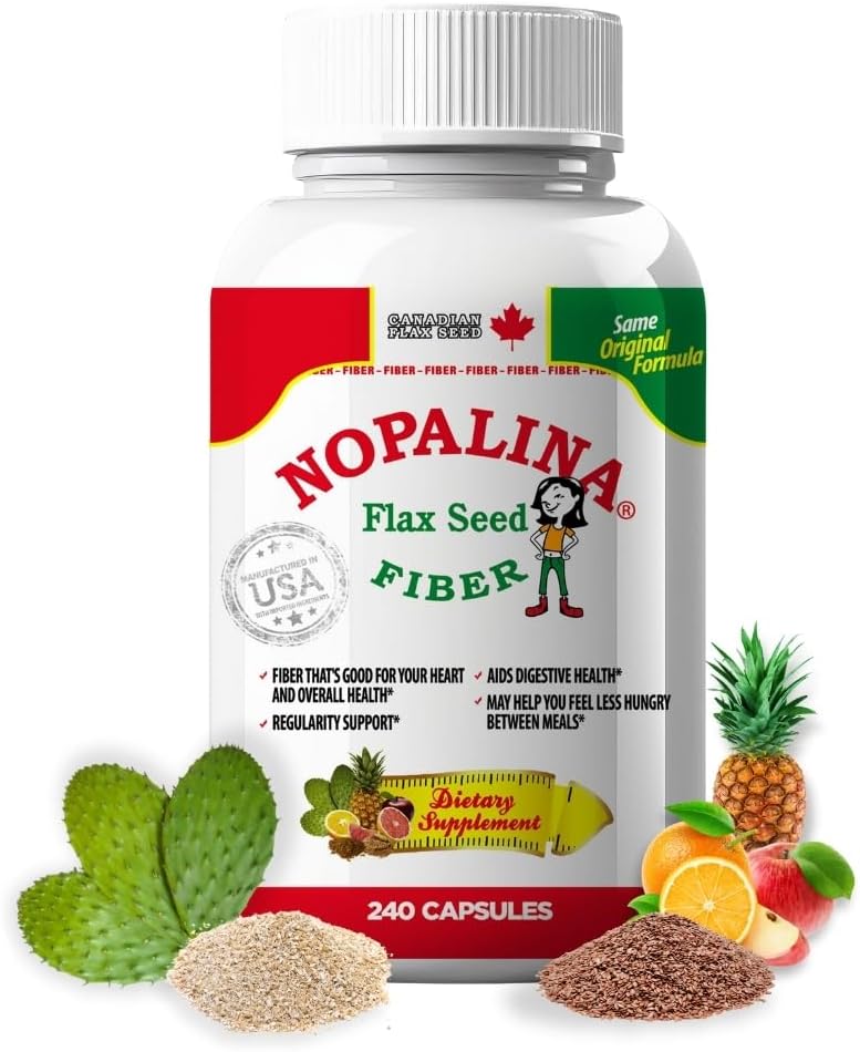 Nopalina Daily Fiber for Digestion & Regularity - 240 Multi-Fiber Capsules with Canadian Flax, Nopal (Prickly Pear), Psyllium Husk, Oat & Wheat Bran - Heart Healthy - 60 Day Supply