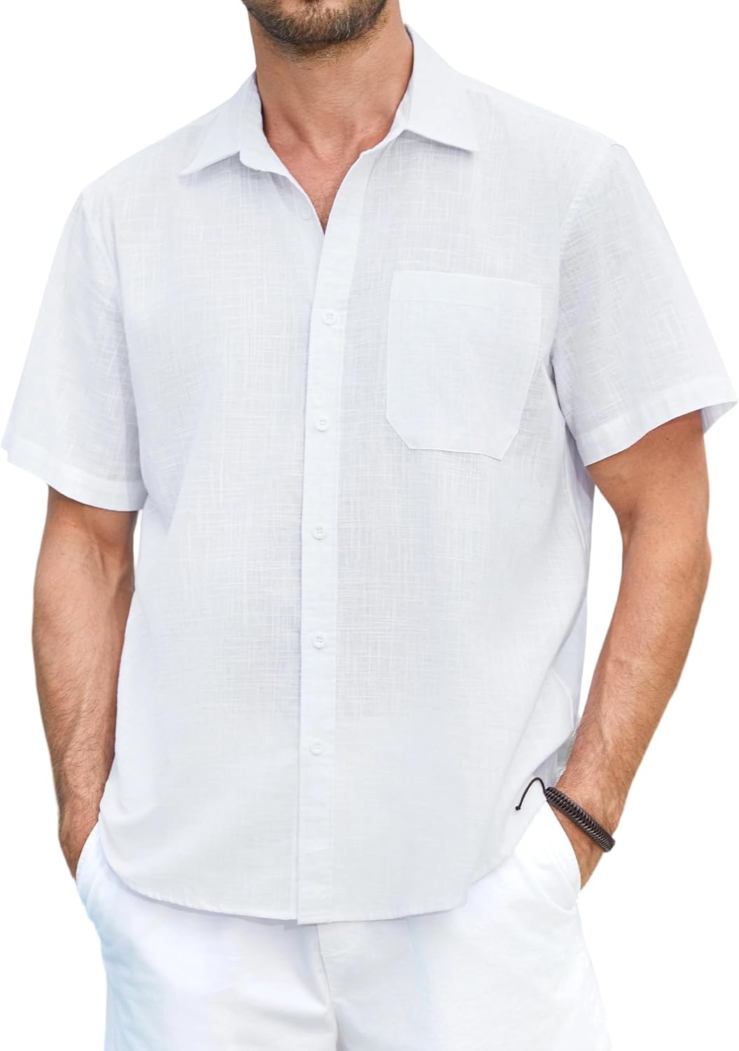 HISDERN Mens Short Sleeve Linen Shirts Casual Button Down Plain Shirt with Pocket for Summer Beach Regular Fit