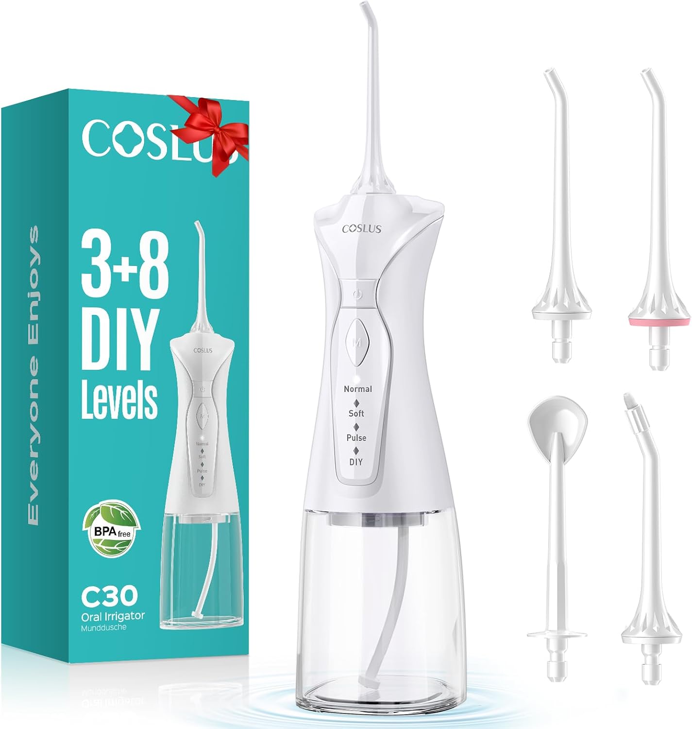 COSLUS C30 Water Dental Flosser, Upgraded DIY Mode, White, 1Pcs
