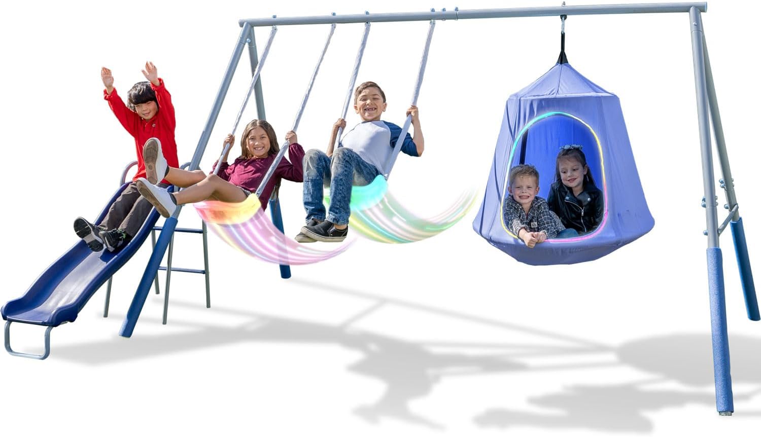 Sportspower Shooting Star Metal Swing Set w/ 2 LED Swings, Padded Saucer Swing with LED Light up Tent and 5' Double Wall Blow Molded Slide