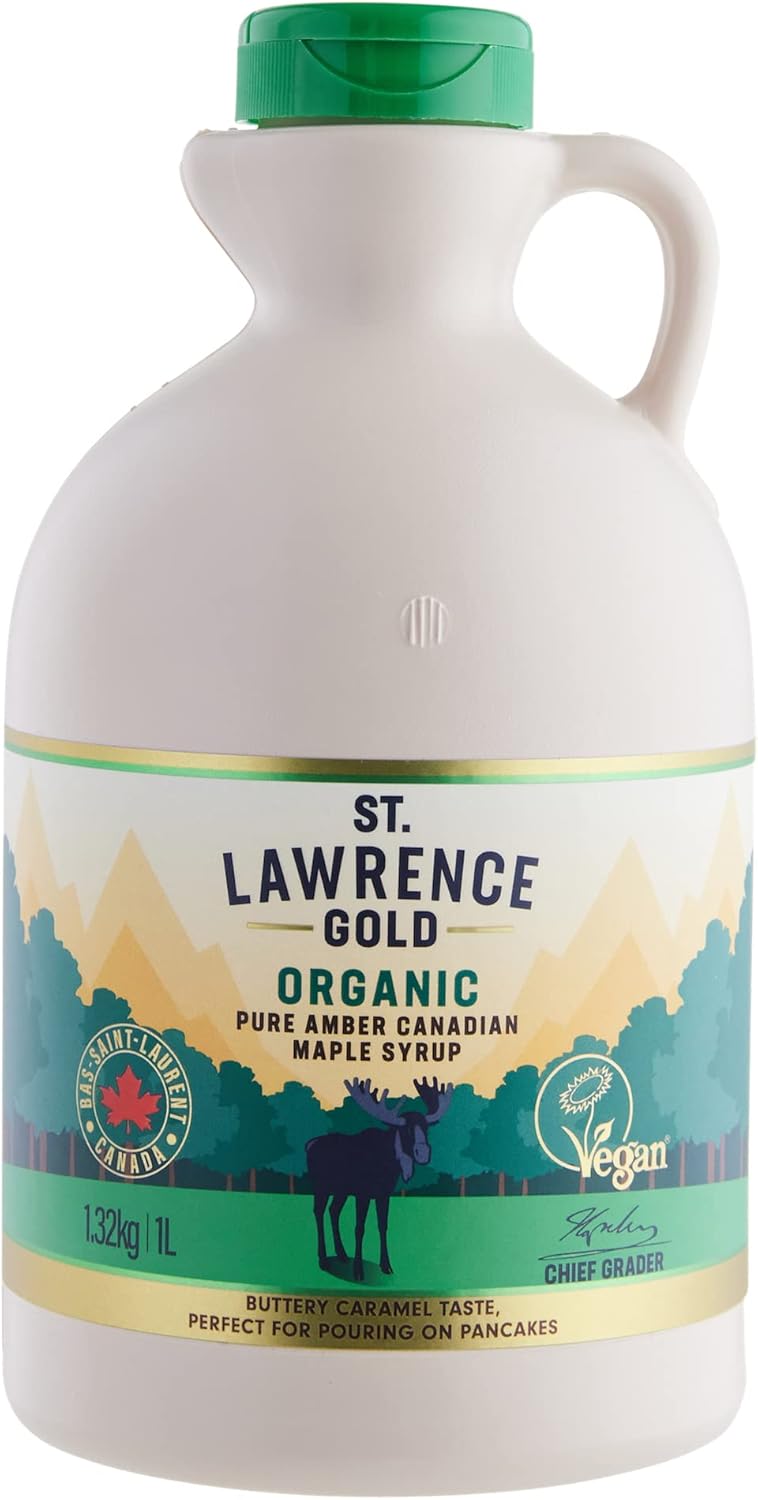 St Lawrence Gold Organic Maple Syrup 1L - 100% Pure Canadian Amber Maple Syrup - Rich, Caramel Butter Taste for Pancakes, Waffles, Cooking and Glazing - Gluten Free, Vegan