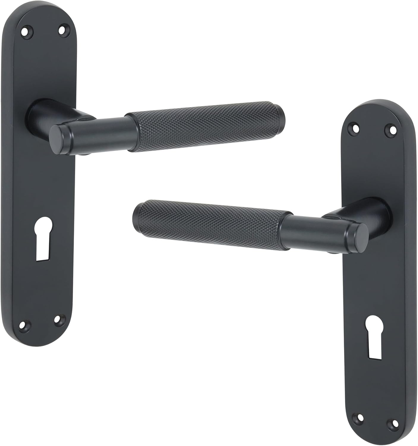 Infinity Decor Modern Style Knurled Lever Lock Door Handle on Keyhole Backplate Pair in Matt Black Finish – Suitable for Internal & External Doors