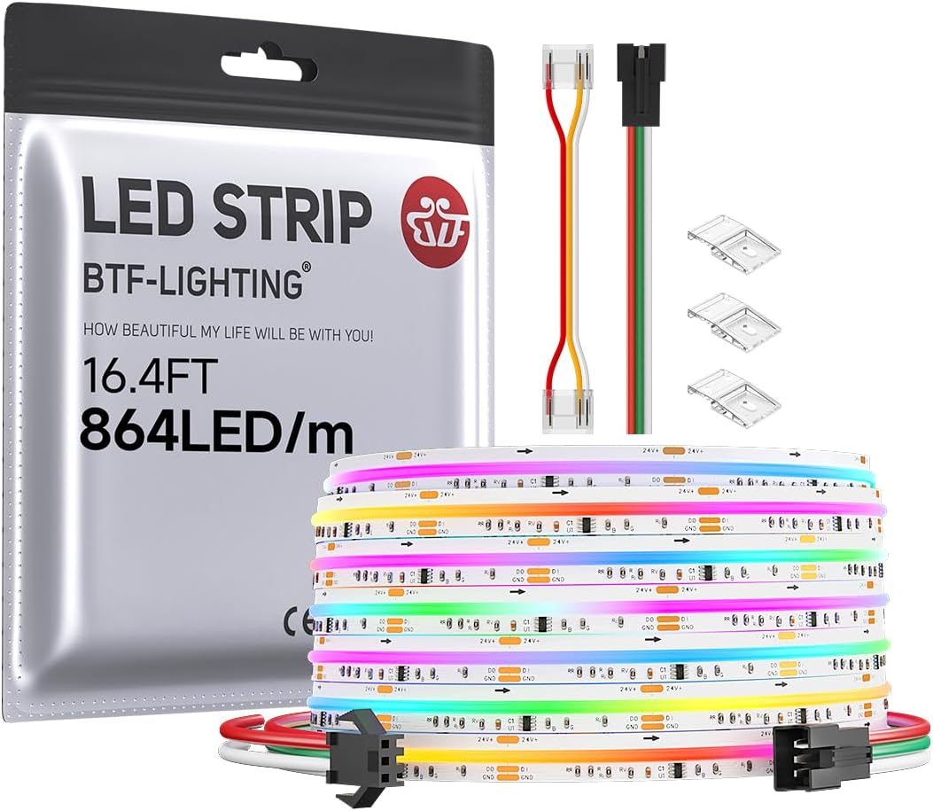 BTF-LIGHTING FCOB COB RGB WS2811 IC Addressable LED Strip DC24V 5m 864LEDs/M 12mm White PCB Chasing Colour Flexible High Density LED Rope IP30 Non Waterproof for Indoor Decoration(Only LED Strip)