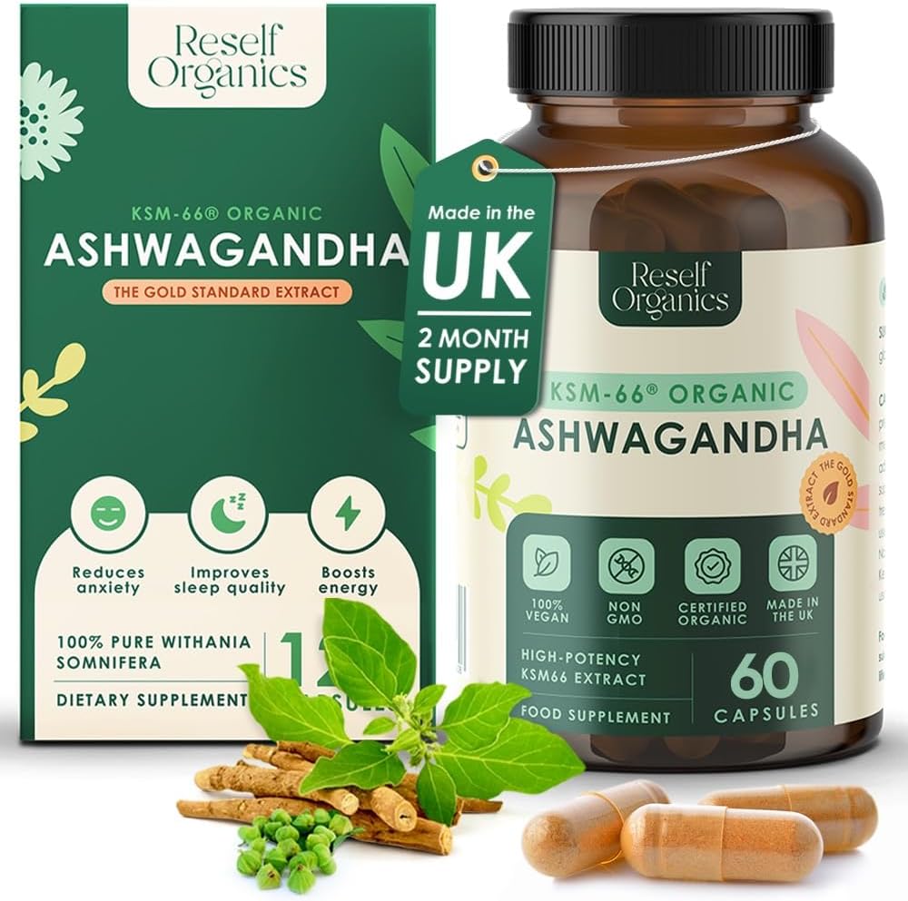 Organic Ashwagandha KSM-66® Extract - 60 Capsules 550mg 2 Month Supply - High Strength Supplement for Performance Energy Boost Muscle Recovery Immune Support - Made in England by Reself Organics