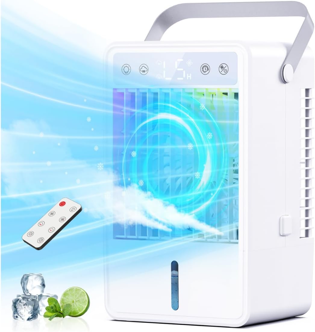 Portable Air Conditioner,Silent Air Conditionier with Remote Control, 1.5L Water Tank, Colorful LED Lights, USB Powered, 2-10 Hours Timer,Fast Cooling, Portable Air Cooler for Home, Bedroom, Office