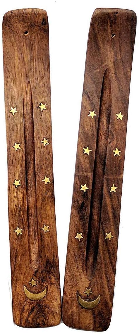 Bless-International Traditional-Handmade-Burner Wooden-Incense-Stick-Holder Ash-Catcher-Stand for-Aromatherapy-Meditation-Yoga (Incense Holder 10 inch(2 pcs))